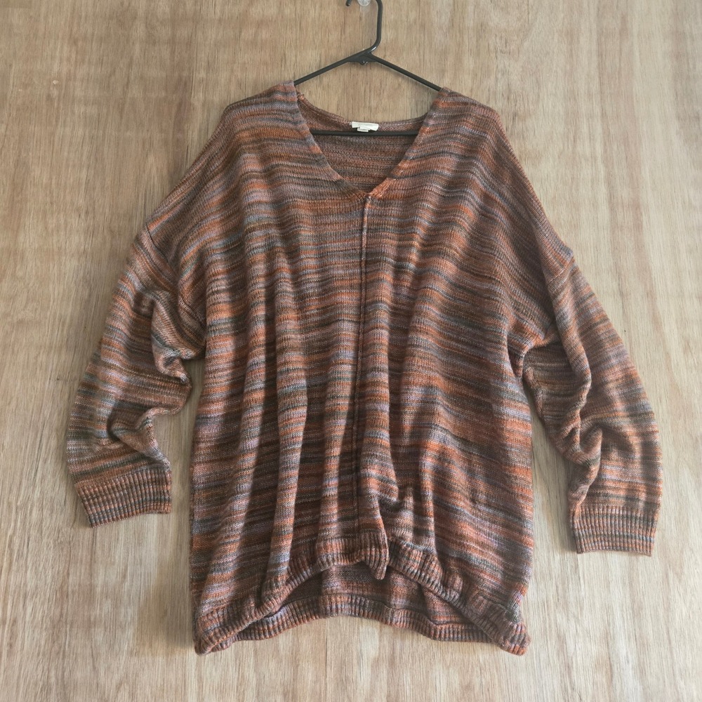 Cottagecore Boho Women's 2X Sweater V-Neck Space Dye Striped Orange Brown